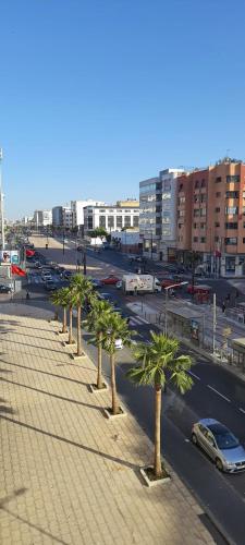 a row of palm trees on a sidewalk in a city at Casa Fainna in Casablanca