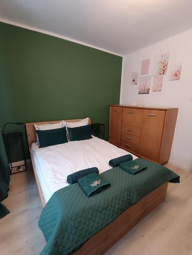 1 dormitorio con 1 cama grande y paredes verdes en Jackowskiego Zielony en Poznan