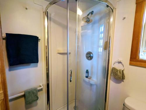 um chuveiro com uma porta de vidro na casa de banho em Tiny Trenton Beach House em Trenton