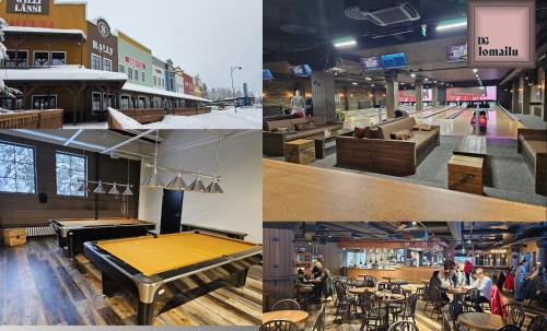 a collage of photos of a store with a ping pong table at Ameno 2, Himos by DG Lomailu in Jämsä