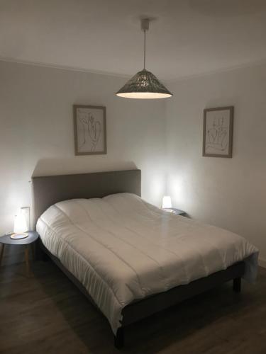 a bedroom with a bed with two tables and a lamp at Appartement climatisé Barjac centre ville in Barjac