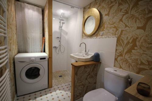 a bathroom with a washing machine and a sink at Gîte La Vigne Verte in Saint-Sigismond