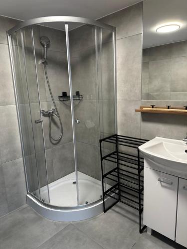 a shower stall in a bathroom with a sink at Resort Libre in Gdańsk