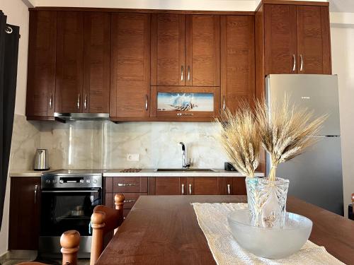 a kitchen with wooden cabinets and a wooden table at Nick's Apartments Evia in Achladi