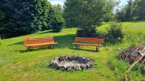 two park benches sitting next to a fire pit at Penzion na Lůkách in Horní Bečva