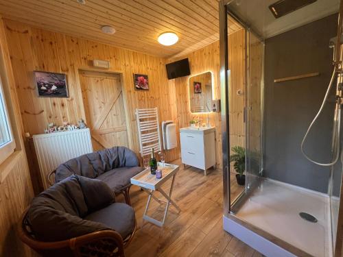 上貝奇瓦的住宿－Penzion na Lůkách，带淋浴、两把椅子和一张桌子的房间