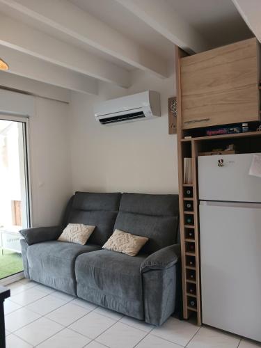 - un salon avec un canapé et un réfrigérateur dans l'établissement Casa Littoral, au Grau-dʼAgde