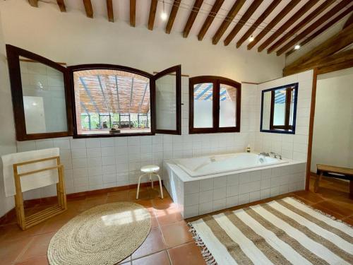 een grote badkamer met een bad en ramen bij Le mas petit in Thuir