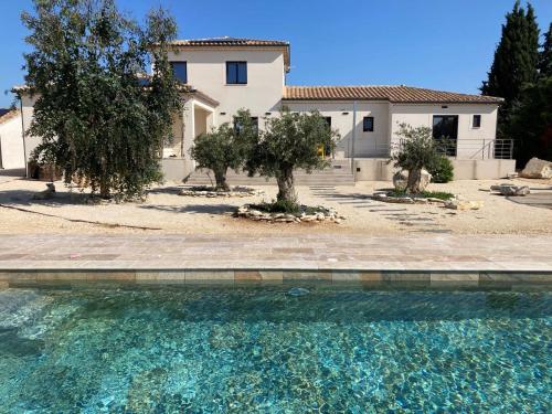une maison avec une piscine devant une maison dans l'établissement Arleya, à Arles