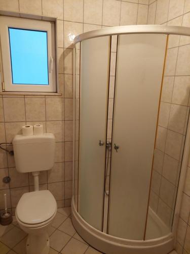 a bathroom with a shower with a toilet and a window at Royal Apartments in Neum