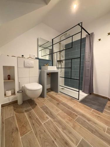 une salle de bain avec toilettes, lavabo et douche dans l'établissement Duplex Parapluies de Cherbourg Netflix Parking, à Cherbourg en Cotentin