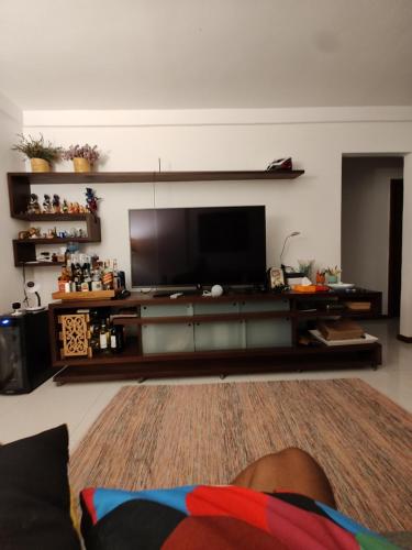 a living room with a large flat screen tv at Quarto e banheiro privativos com garagem fechada em apartamento aconchegante em Jardim da Penha in Vitória