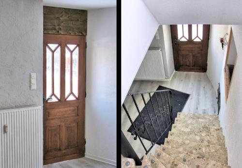 two photos of a staircase with a door and a stair case at Haus am Burgring in Mürlenbach