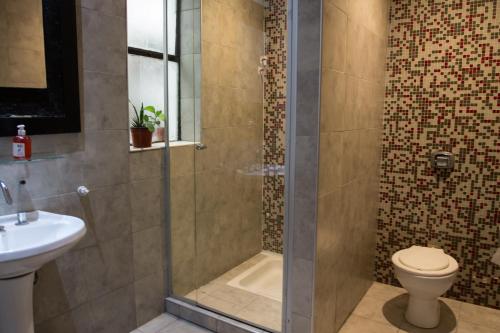 a bathroom with a shower with a toilet and a sink at Aldea Hostel in Córdoba