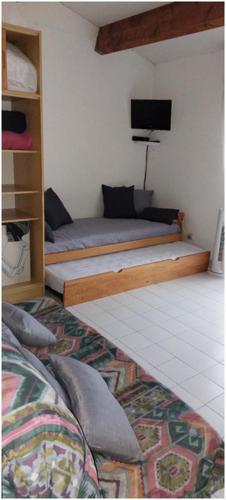 une chambre avec un lit et une télévision au mur dans l'établissement VALRAS - Studio avec parking fermé 50m de la plage, à Valras-Plage