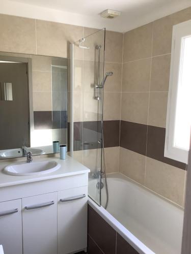 une salle de bain avec une douche, un lavabo et une baignoire dans l'établissement La perle de lozari, Duplex vue mer, Belgodère, L'île rousse, Corse, à Belgodère