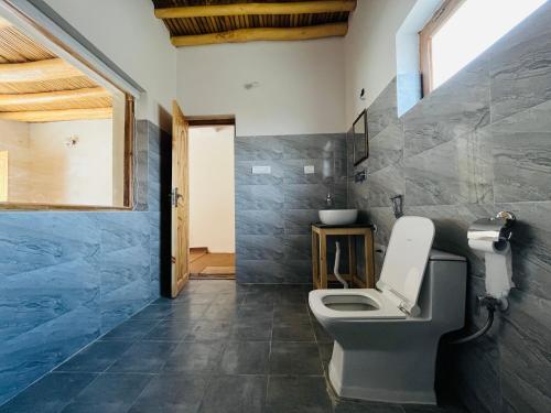 a bathroom with a white toilet in a room at HUNDER TAMARIX RESORT in Leh