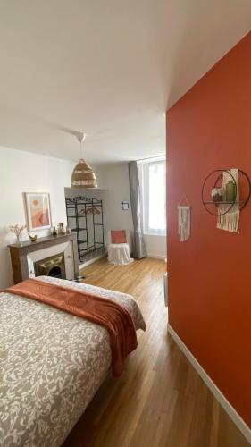 a bedroom with a large bed and a fireplace at La Léonardine à deux pas du château royal in Amboise