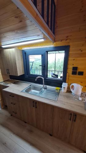 eine Küche mit einem Waschbecken und einem Fenster in einer Hütte in der Unterkunft HAN Tiny House in Akcaabat