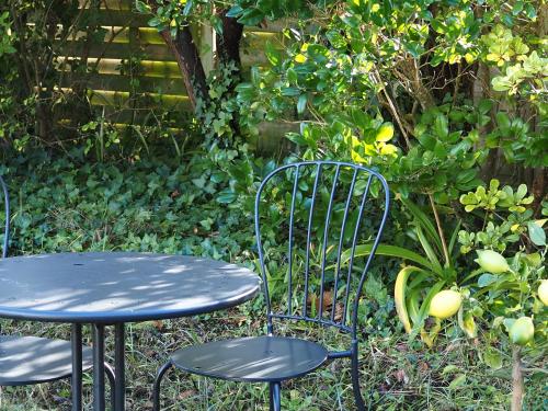 een blauwe tafel en twee stoelen in een tuin bij Nouelig bras in Loctudy