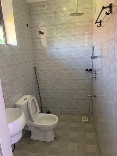 a bathroom with a shower and a toilet and a sink at xfurnishedapartments in Kampala