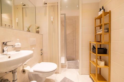 un bagno con lavandino, WC e doccia di Maisonette Rustic Altstadt zentral-Wlan-Parkplatz a Erfurt