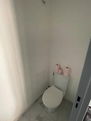La salle de bains est pourvue de toilettes blanches avec deux bougies roses. dans l'établissement Logement rénové gare St Charles, à Marseille