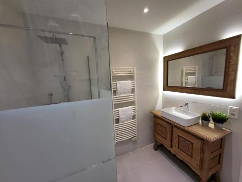 ein Bad mit einem Waschbecken und einer Dusche mit einem Spiegel in der Unterkunft villa bambou in Saleilles