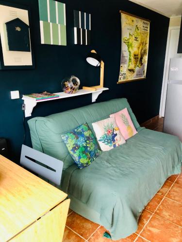 - un canapé vert avec des oreillers dans le salon dans l'établissement Studio cabine GRUISSAN PLAGE DU GRAZEL, à Gruissan