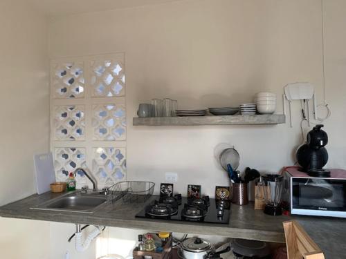a kitchen with a sink and a counter with a microwave at Departamento cocoonning en "Casa Livia" piscina y jardín in Mérida