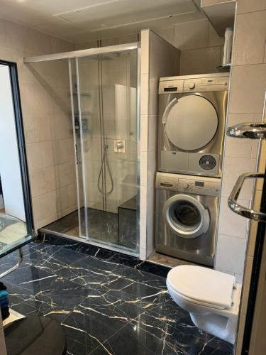 een badkamer met een douche en een wasmachine bij Fabulous apartment in heart of Paris in Parijs