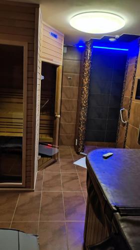 a room with a shower with a blue light at Refresh Club wellness Ostrava in Poruba