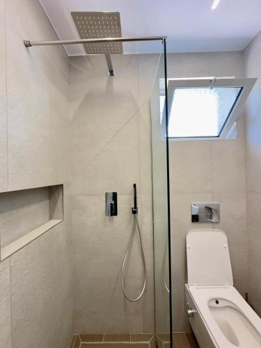 a bathroom with a shower and a toilet at Villa Ani in Borsh