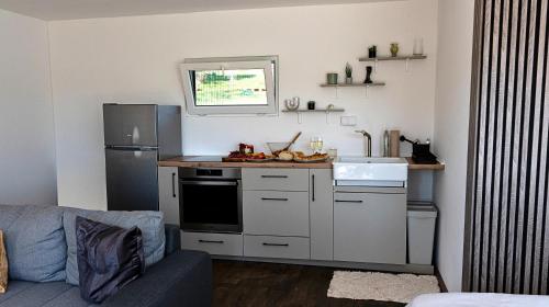 a small kitchen with a sink and a refrigerator at Sauna Retreat Žabari, Valjevo in Valjevo