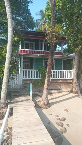 ein Haus am Strand mit zwei Palmen in der Unterkunft Panama Dive School in Bocas del Toro