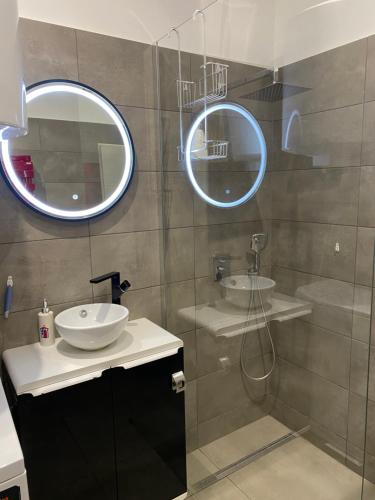 a bathroom with two sinks and a shower with mirrors at TonyaFlowersapp in Illkirch-Graffenstaden