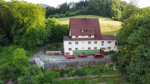 a large white house with cars parked in front of it at Jandlova Vila in Frenštát pod Radhoštěm