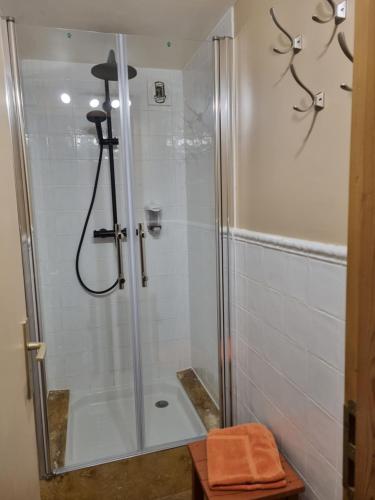 a shower with a glass door in a bathroom at Orri de Planès in Planès