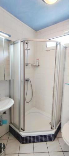 a bathroom with a shower and a sink at Gemütliches Gästehaus am Park in Rastatt