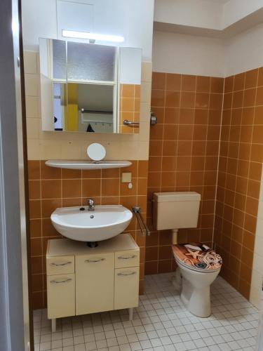 uma casa de banho com um lavatório e um WC em Gut & Günstig em Trier