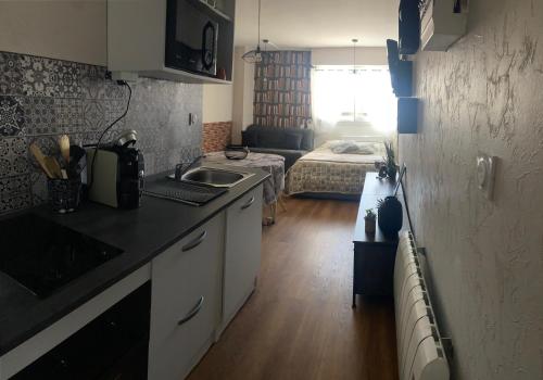 une cuisine avec un évier et une chambre avec un lit dans l'établissement Jolie studio Saint CYPRIEN 100m de la plage commerce et animation, à Saint-Cyprien