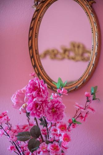 a mirror with pink flowers on a pink wall at Villa Belvedere in Pieve Fosciana