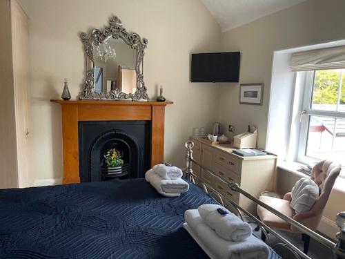 a bedroom with a bed with a fireplace and a mirror at Dionard Guest House in Inverness