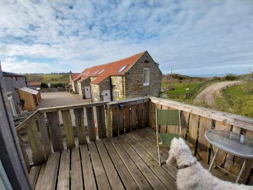 a dog sitting on the deck of a house at Meadowbeck - Shepherd Huts in Fylingdales