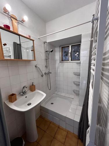 une salle de bain blanche avec une douche et un lavabo dans l'établissement Le petit Villecrozien, à Villecroze