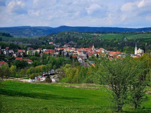 a view of a town in a green field at Apartament u Przewodnika Sudeckiego in Duszniki Zdrój