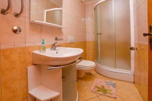 y baño con lavabo, ducha y aseo. en Apartments Ema en Ražanj