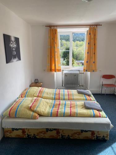 Un dormitorio con una cama con un edredón colorido y una ventana en Penzion Tereza, en Horní Vltavice