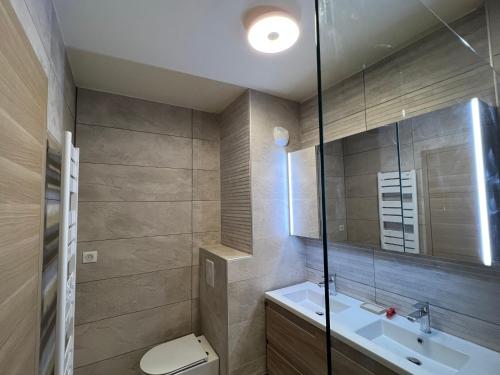 uma casa de banho com um WC, um lavatório e um espelho. em La Vigie spacieux, lumineux, piscine em Deauville