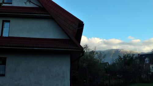 uma vista para uma casa com uma montanha ao fundo em Chata Pod Kwiatkiem em Zawoja